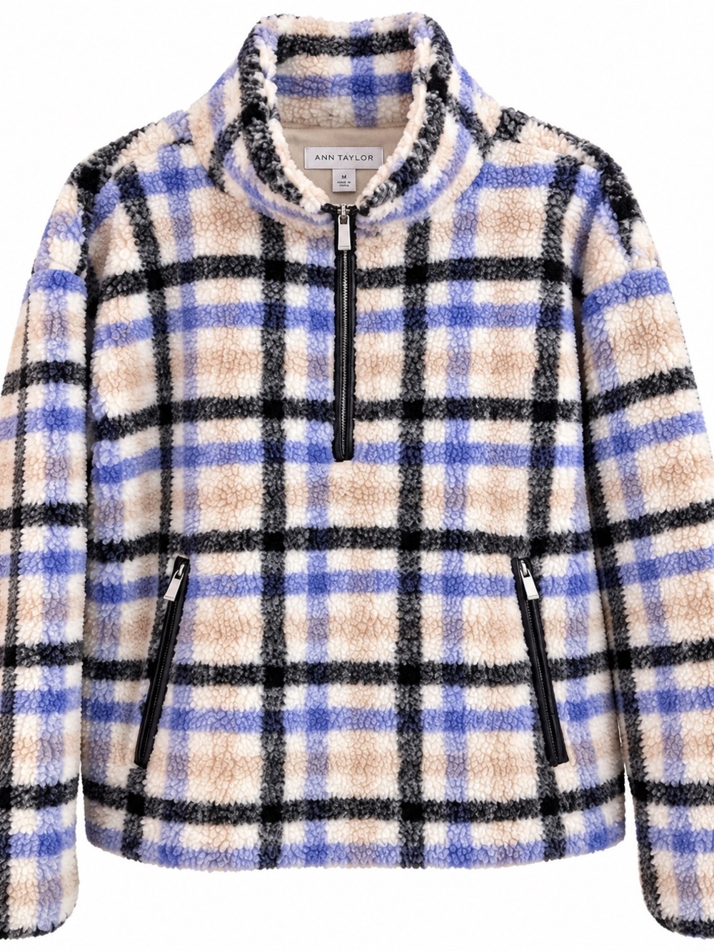 Ann Taylor Men’s Cream, Blue & Black Plaid Sherpa Quarter-Zip Pullover
